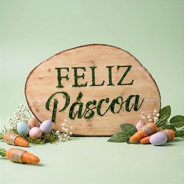 Quadro Decorativo em Madeira Feliz Páscoa Verde - 50x35x5cm - Cromus Páscoa - Rizzo Embalagens