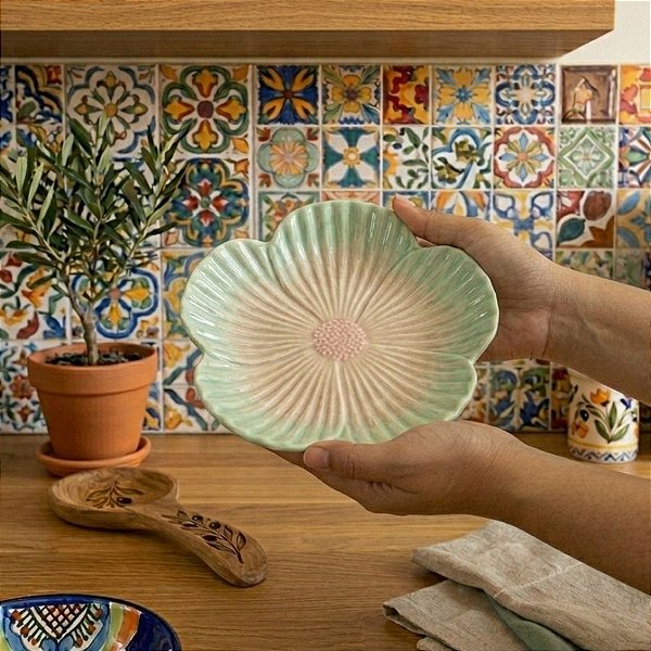 Enfeite Decorativo de Porcelana - Flor Rosa e Verde - 21cm - 1 unidade - FlorArte - Rizzo