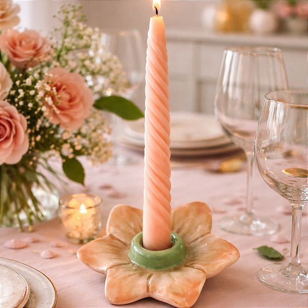 Suporte para Vela em Cerâmica - Flor - Bege e Verde - 11cm - 1 unidade - FlorArte - Rizzo