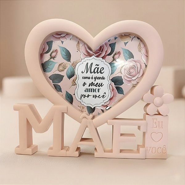 Porta Retrato Mãe com Moldura de Coração - Rosa Claro - Mãe Como é Grande o Meu Amor Por Você - 10x15cm - 1 unidade - Ri