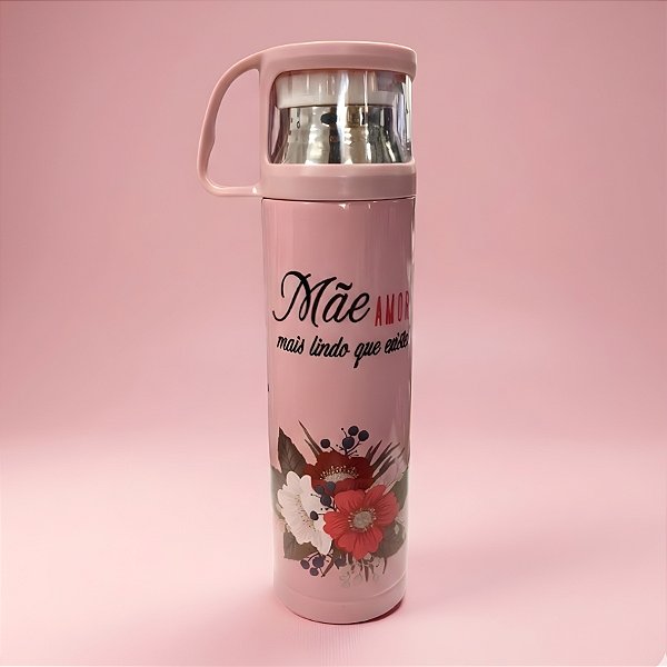 Garrafa Térmica Decorada - Rosa - Mãe Amor Mais Lindo Que Existe - 470ml - 1 unidade - Rizzo
