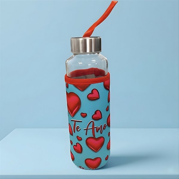 Garrafa de Vidro com Alça e Capa Protetora - Te Amo - 400ml - 1 unidade - Rizzo