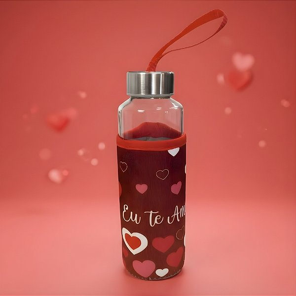 Garrafa de Vidro com Alça e Capa Protetora - Eu Te Amo - 400ml - 1 unidade - Rizzo