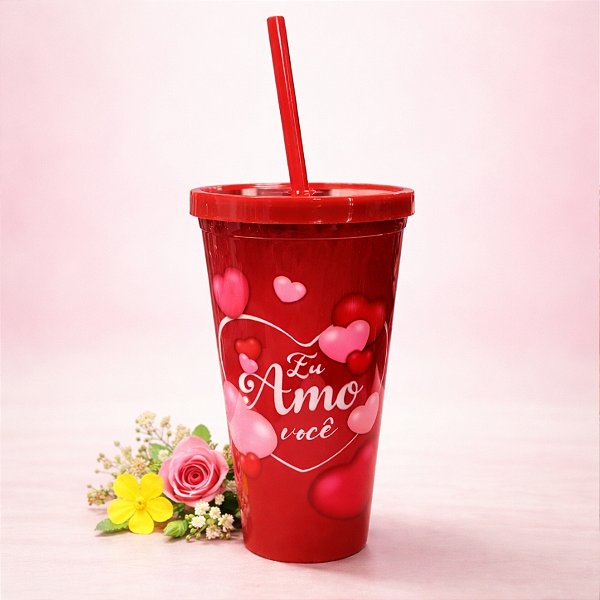 Copo com Canudo e Tampa - Eu Amo Você - 600ml - 1 unidade - Rizzo