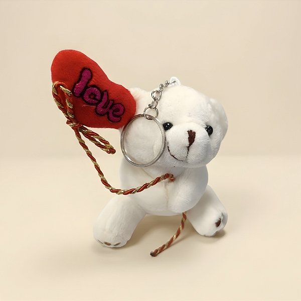 Chaveiro de Pelúcia - Ursinho Branco com Balão de Coração - 9x12x7cm - 1 unidade - Rizzo
