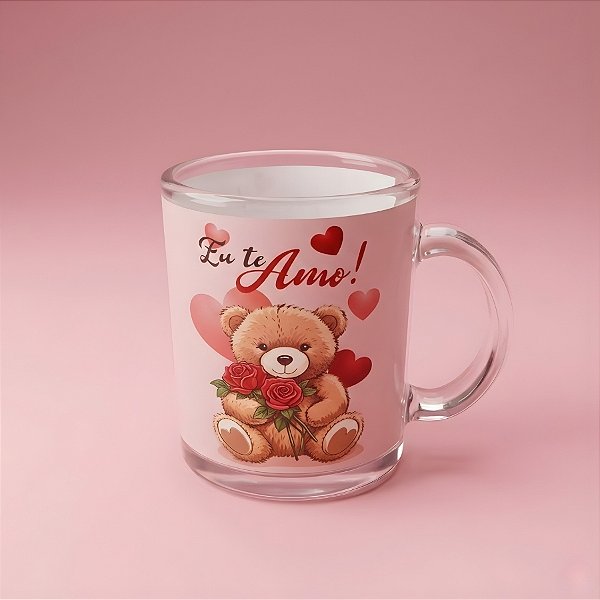 Caneca de Vidro Transparente - Rosa Claro - Ursinho Eu Te Amo - 320ml - 1 unidade - Rizzo