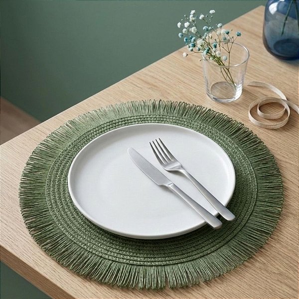 Sousplat Trançado com Franja 39cm - Verde - Estilo Palha - 1 unidade - Rizzo