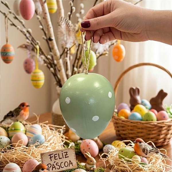 Enfeite Para Pendurar de Páscoa - Ovo de Páscoa - Verde e Branco - 16cm - 1 unidade - FlorArte - Rizzo