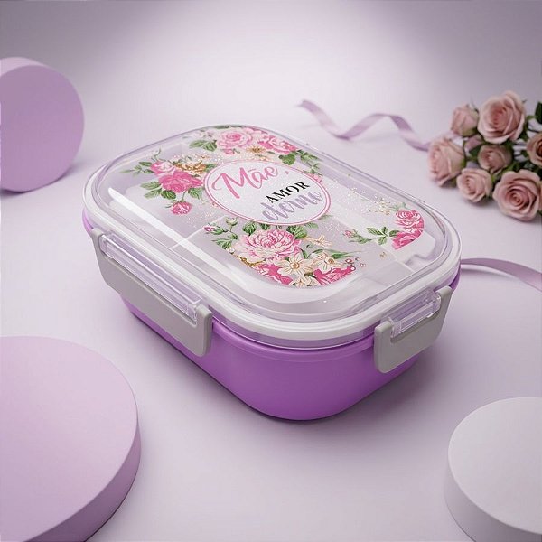 Marmita Roxo com Garfo e Colher e Divisória de 3 Partes - Mãe Amor Eterno - 15,8x22cm - 1 unidade - Rizzo