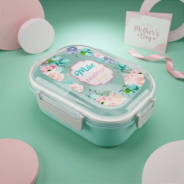 Marmita Azul com Garfo e Colher e Divisória de 3 Partes - Mãe Melhor Amiga - 15,8x22cm - 1 unidade - Rizzo