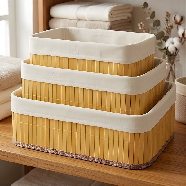 Kit Cesta Decorativa de Bambu com Forro de Tecido Claro - 3 unidades - Rizzo