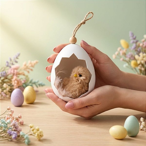 Enfeite Decorativo para Pendurar - Ovo com Pintinho - Bege - 10cm - 1 unidade - Rizzo
