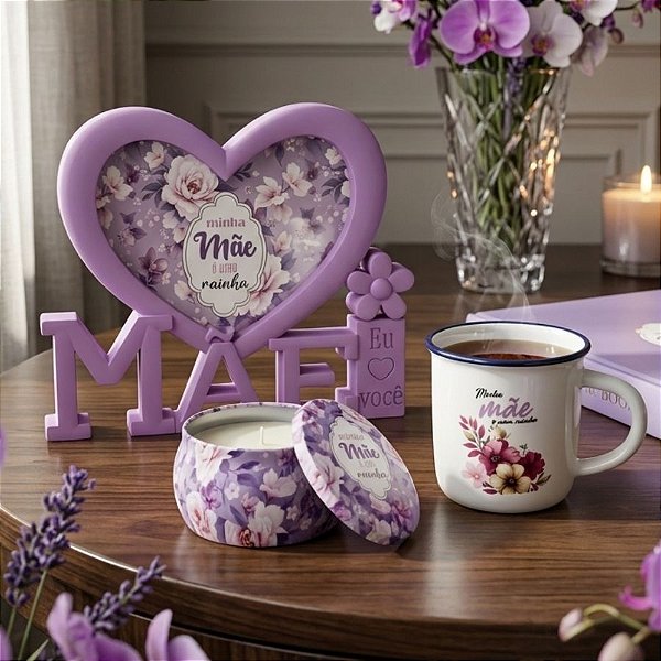 Kit Presenteável Porta Retrato Mãe com Moldura de Coração, Caneca de Porcelana e Vela Aromática - Minha Mãe é Uma Rainha