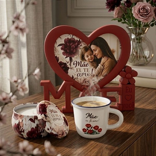 Kit Presenteável Porta Retrato Mãe com Moldura de Coração, Caneca de Porcelana e Vela Aromática - Mãe Eu Te Amo - 1 unid