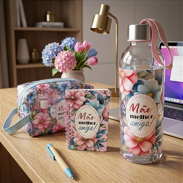 Kit Presenteável Bloco de Anotações com Caneta, Garrafa com Alça e Nécessaire - Mãe Melhor Amiga - 1 unidade - Rizzo