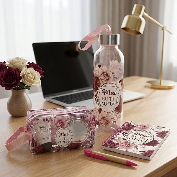 Kit Presenteável Bloco de Anotações com Caneta, Garrafa com Alça e Nécessaire - Mãe Eu Te Amo - 1 unidade - Rizzo