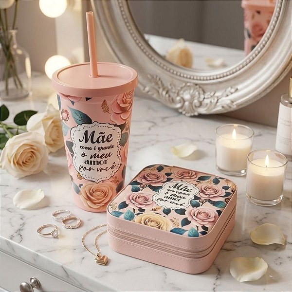 Kit Presenteável Copo com Canudo e Tampa e Mini Porta Joias Portátil - Mãe Como é Grande o Meu Amor Por Você - 1 unidade