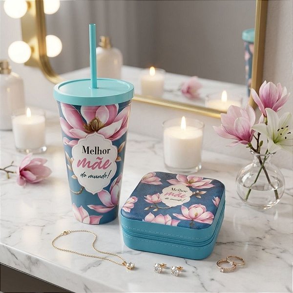 Kit Presenteável Copo com Canudo e Tampa e Mini Porta Joias Portátil - Melhor Mãe do Mundo - 1 unidade - Rizzo