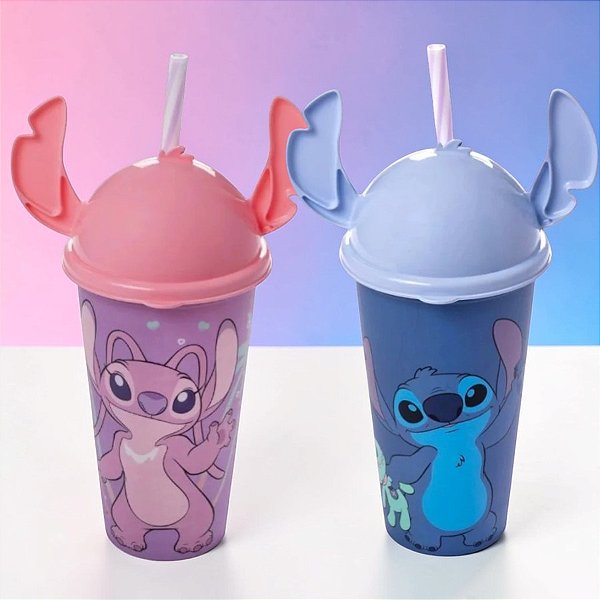 Conjunto Copo com Canudo - Stitch e Angel - Disney Original - 1 unidade - Plasútil - Rizzo