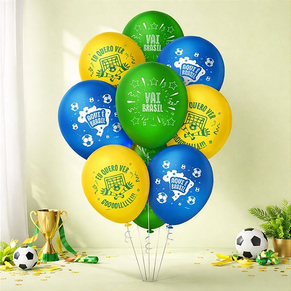 Balão de Festa Decorado 9" 23cm -  Copa do Mundo - Vai Brasil - 25 unidades - Regina  - Rizzo