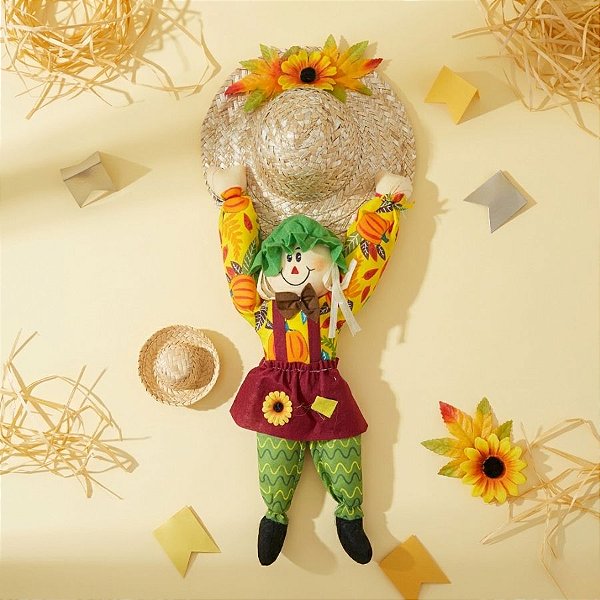 Enfeite para Pendurar de Festa Junina - Espantalho Com Chapéu - Marrom - 52cm - 1 unidade - Rizzo