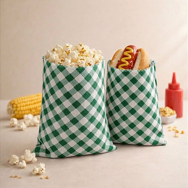 Saquinho para Pipoca e Hot Dog Chita Xadrez - Verde - 15,5x11cm - 5 unidades - Rizzo