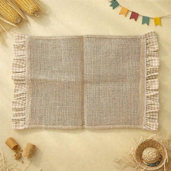 Jogo Americano Junino de Juta - Babado Xadrez Bege - 44cm - 1 unidade - Rizzo