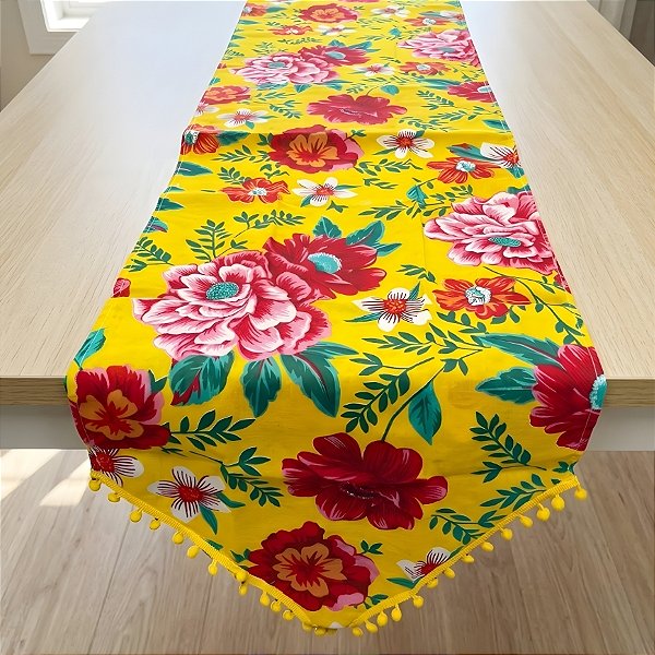 Trilho de Mesa Chita Amarelo - Flor Vermelha e Rosa - 39x130cm - 1 unidade - Rizzo