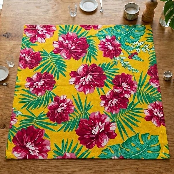 Toalha de Mesa Chita Amarelo - Flores Rosa - 70x70cm - 1 unidade - Rizzo