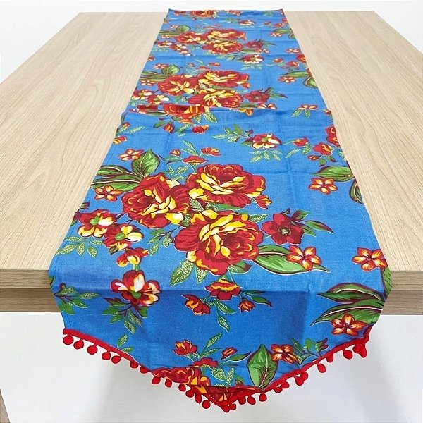 Trilho de Mesa Chita Azul - Flor Vermelha e Amarela - 40x130cm - 1 unidade - Rizzo