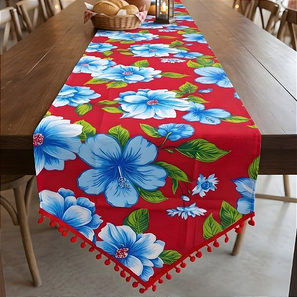 Trilho de Mesa Chita Vermelho - Flor Azul - 40x130cm - 1 unidade - Rizzo