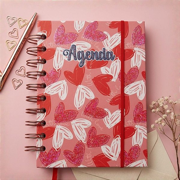 Agenda Permanente Rosa com Corações - 160 Folhas - 13x15,1cm - 1 unidade - Rizzo