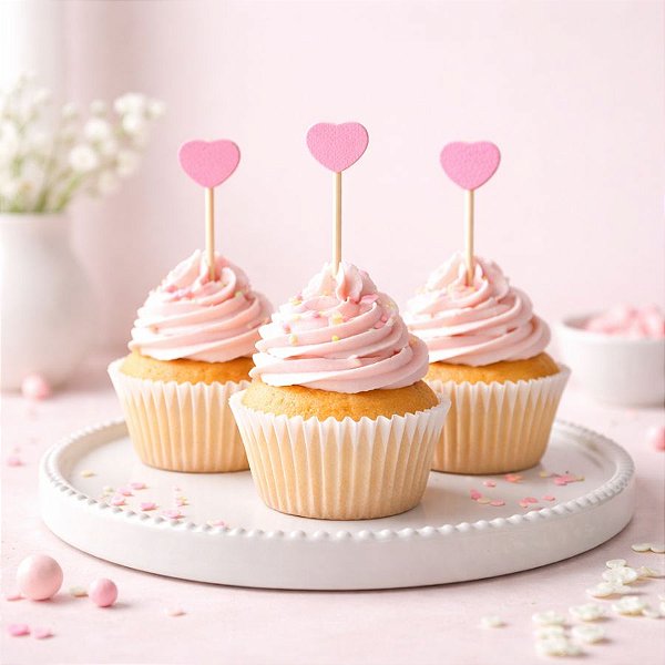 Pick Decorativo Para Doce - Coração Rosa - 15cm  - 20 unidades - Rizzo