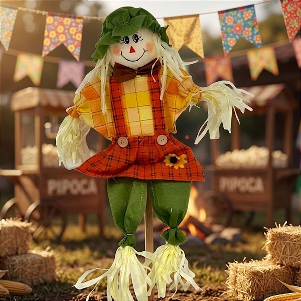 Espeto Para Jardim de Bambu Espantalho de Festa Junina - Laranja e Verde - 50x20cm - 1 unidade - Rizzo