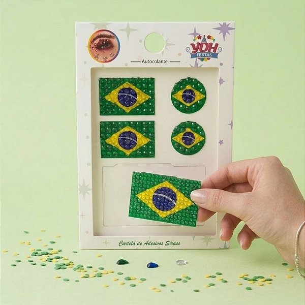 Cartela Adesivo Facial Copa do Mundo Strass - Brasil Bandeira - 1 unidade - Rizzo