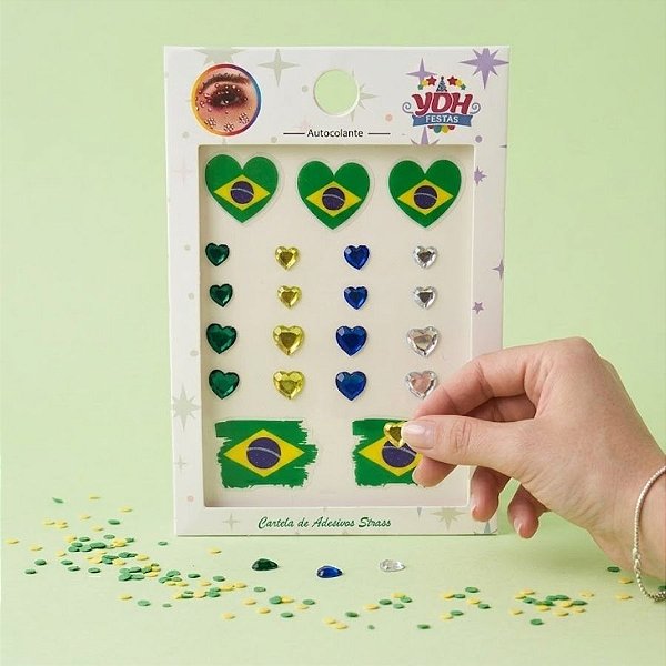 Cartela Adesivo Facial Copa do Mundo Strass - Brasil Bandeira Coração - 1 unidade - Rizzo