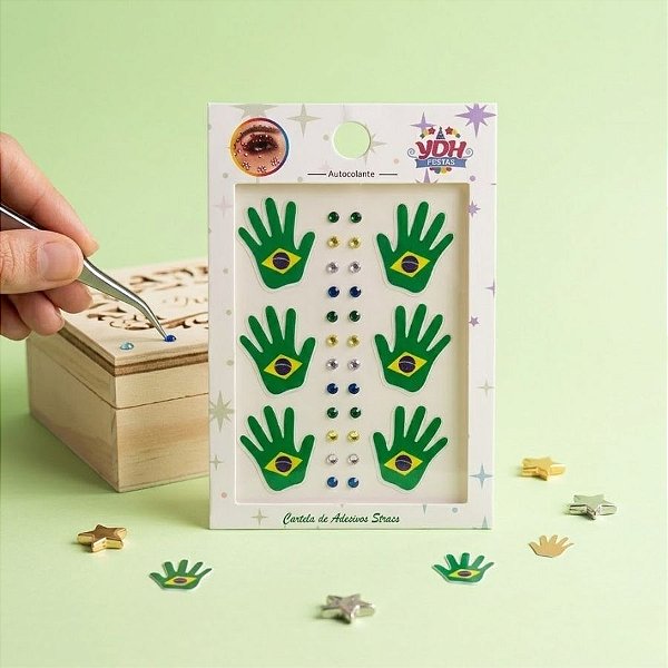 Cartela Adesivo Facial Copa do Mundo Strass - Brasil Mão - 1 unidade - Rizzo