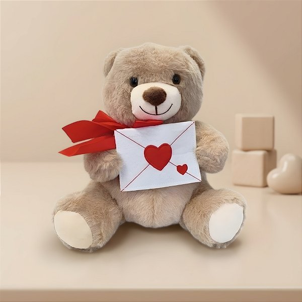 Urso de Pelúcia com Cartinha de Amor - Marrom Claro - 23x26x18cm - 1 unidade - Rizzo