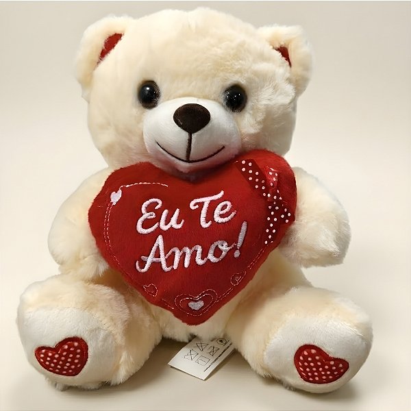 Urso de Pelúcia com Coração Decorado - Branco - 18x23x17cm - 1 unidade - Rizzo