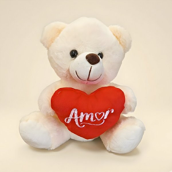 Urso de Pelúcia com Coração Amor - Branco - 17x21x12cm - 1 unidade - Rizzo