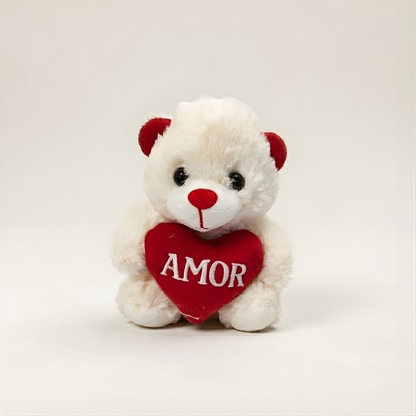 Urso de Pelúcia com Coração - Branco - 14x17x11cm - 1 unidade - Rizzo