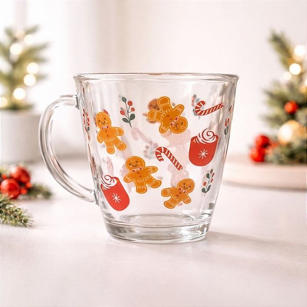 Caneca de Vidro de Natal - Boneco de Biscoito - 10x12cm - 340mL - 1 unidade - Rizzo