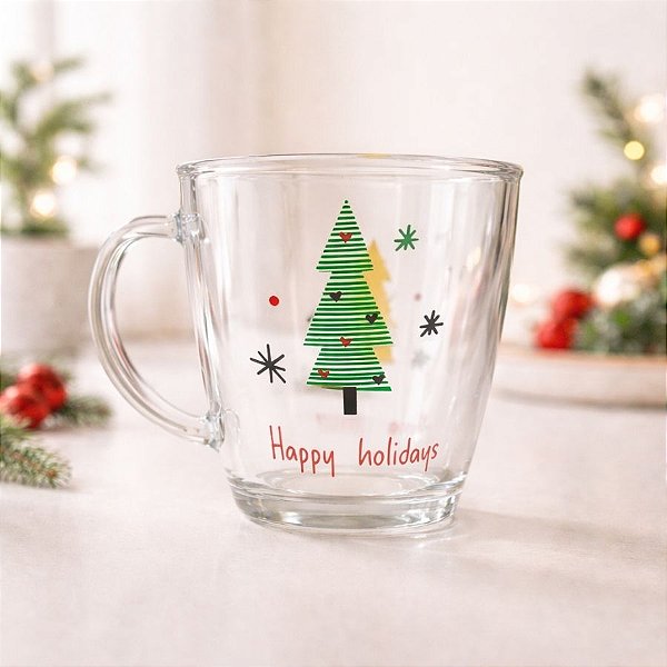 Caneca de Vidro de Natal - Happy Holidays - Modelo 1 - 10x12cm - 340mL - 1 unidade - Rizzo