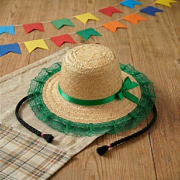 Chapéu de Palha de Renda com Trança - Verde - 19x30cm - 1 unidade - Rizzo