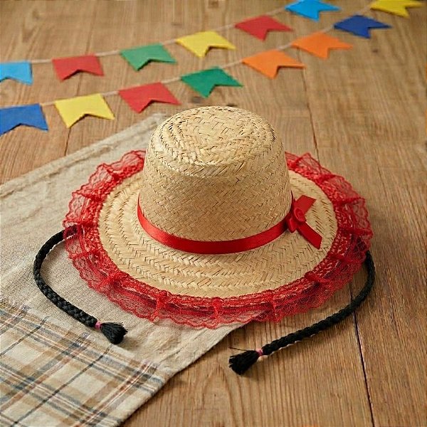 Chapéu de Palha de Renda com Trança - Vermelho - 19x30cm - 1 unidade - Rizzo