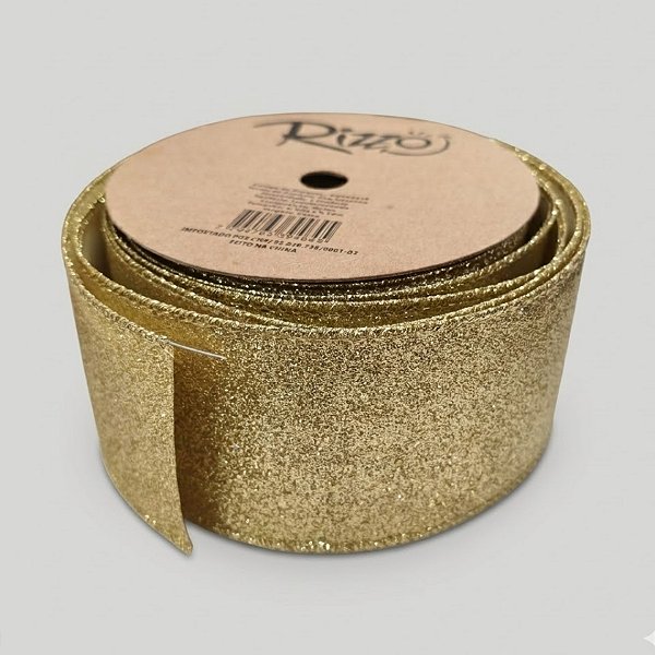 Fita Aramada Decorativa de Natal - Dourado com Glitter - 6,3cm x 9,14m - 1 unidade - Rizzo