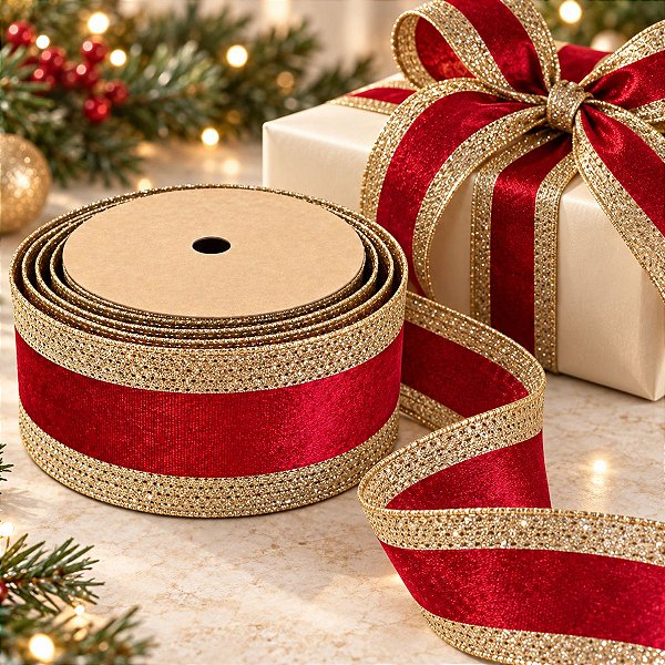 Fita Aramada Decorativa de Natal - Trilho Vermelho com Borda Dourada - 6,3cm x 9,14m - 1 unidade - Rizzo