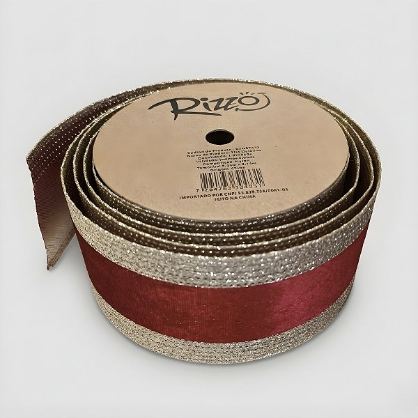 Fita Aramada Decorativa de Natal - Trilho Vermelho Escuro com Borda Dourada - 6,3cm x 9,14m - 1 unidade - Rizzo