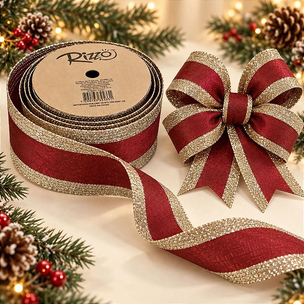 Fita Aramada Decorativa de Natal - Trilho Vermelho Escuro com Borda Dourada - 6,3cm x 9,14m - 1 unidade - Rizzo