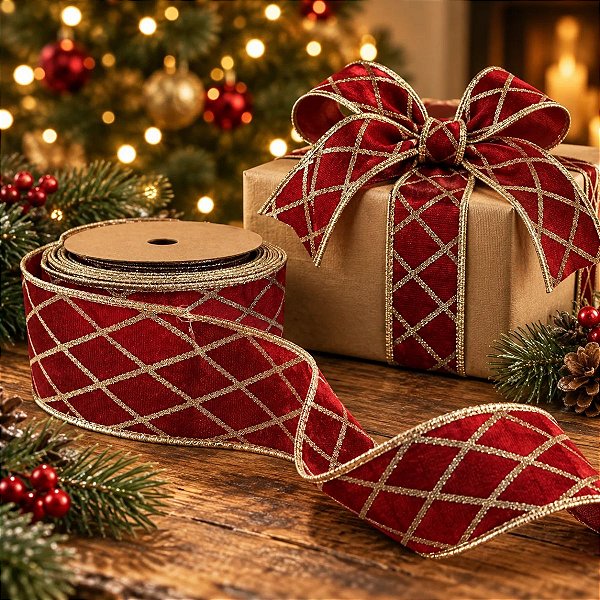 Fita Aramada Decorativa de Natal - Vermelho e Glitter Dourado - 6,3cm x 9,14m - 1 unidade - Rizzo
